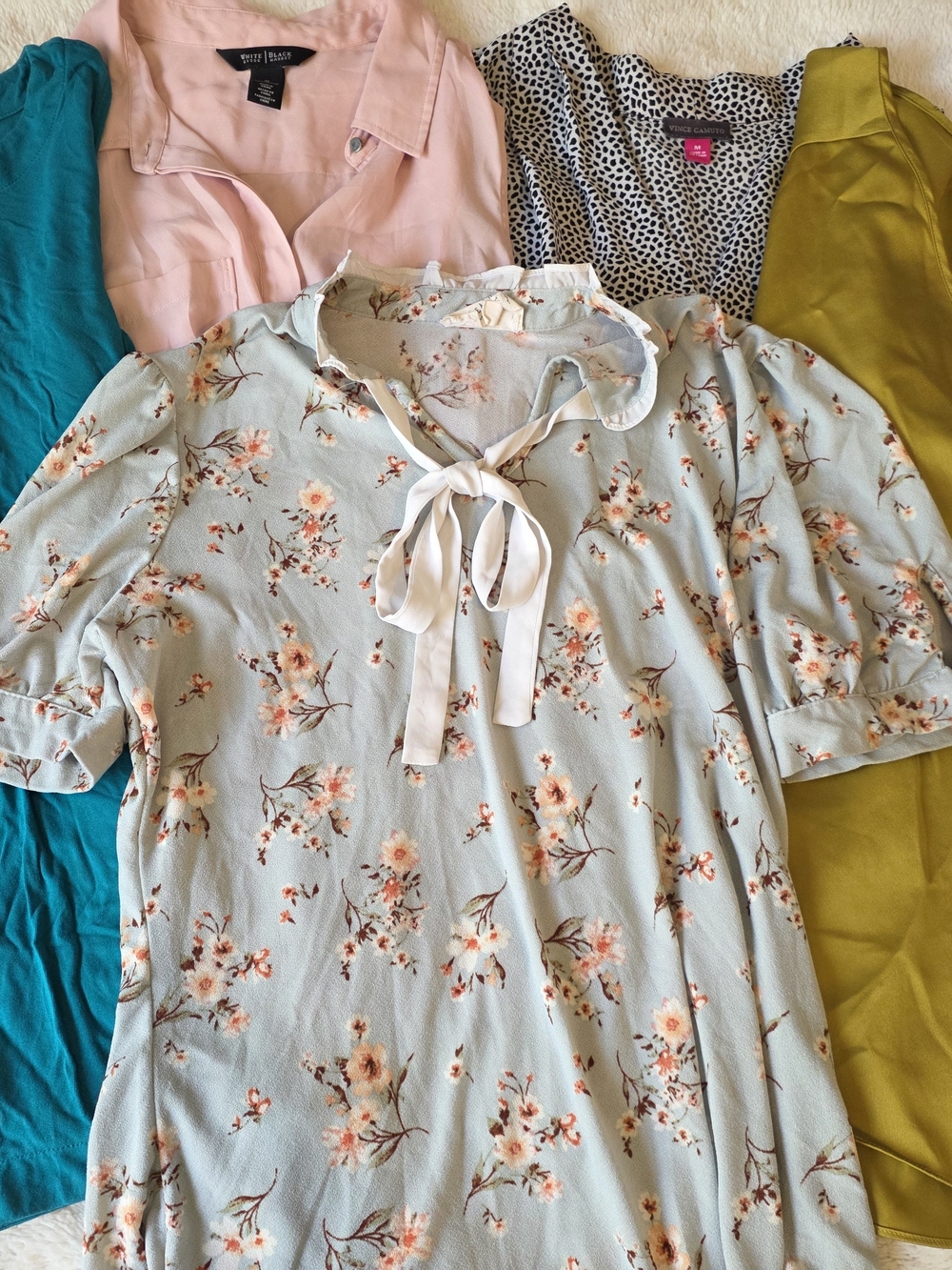 Vince Camuto Light Blue Floral Tie-Neck Blouse